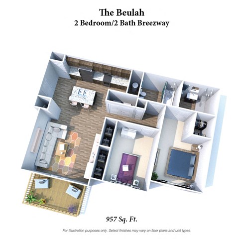 Floor plan for 2 beds, 2 baths, 957 sqft
